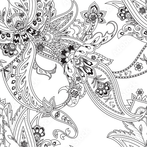 Fantasy flowers seamless paisley pattern. Floral ornament, for textile, wrapping, coloring book