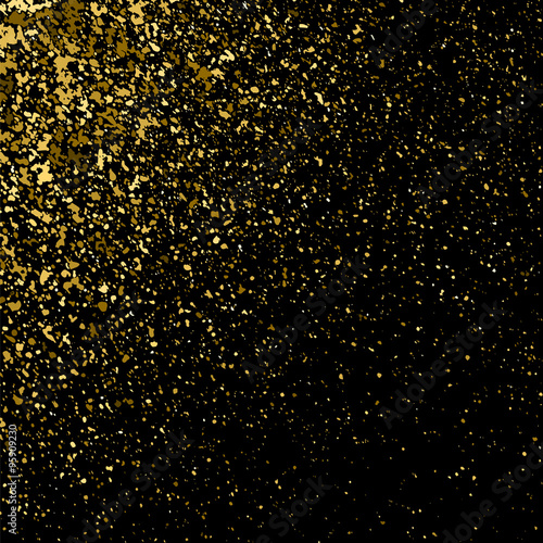 Gold glitter texture on a black background. Golden explosion of confetti. Golden grainy abstract  texture on a black  background. Design element. Vector illustration,eps 10.