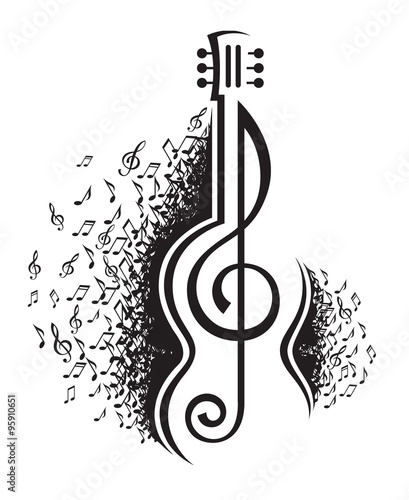 monochrome illustration of musical notes and guitar