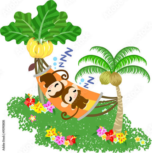 Fototapeta Naklejka Na Ścianę i Meble -  Monkeys taking a nap on a hammock worn to a coconut tree and a banana tree