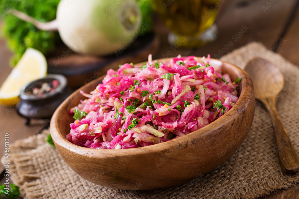 Pink daikon salad with apples, pickled onions and parsley