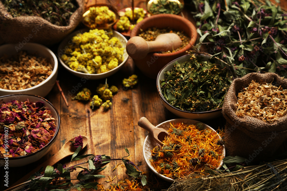Assortment of dry medicinal herbs in bowls on wooden background top view Assortment of dry medicinal herbs in bowls on wooden background top view