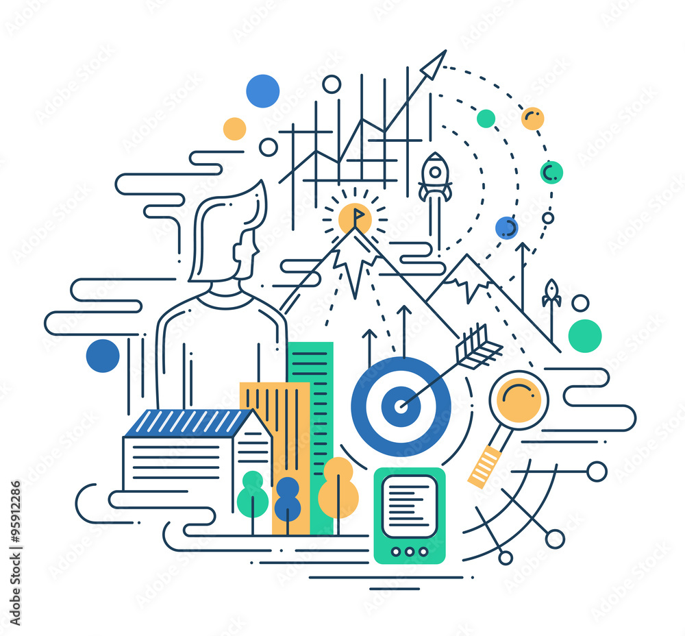 Fototapeta premium Illustration of modern line flat design mission composition, infographics elements with man and his aims