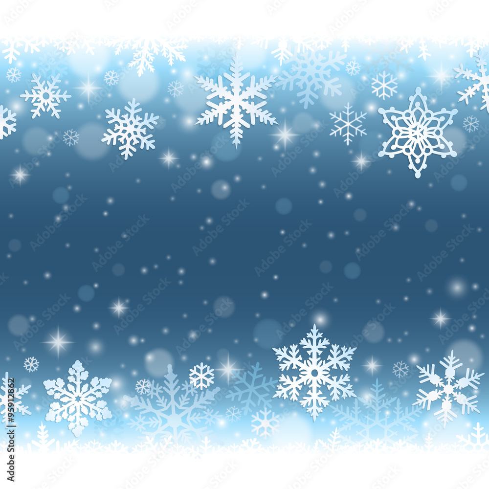 Abstract blue winter background with falling snowflakes and snow