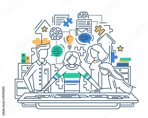 Illustration of modern line flat design creative process composition and infographics elements with a team solving problem