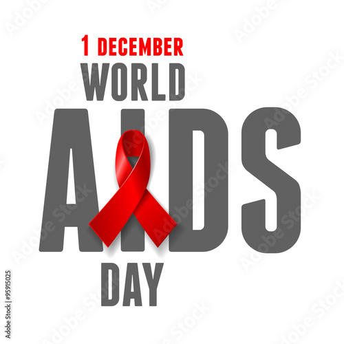 World AIDS Day concept poster with red ribbon of AIDS awareness. Isolated on white background. 