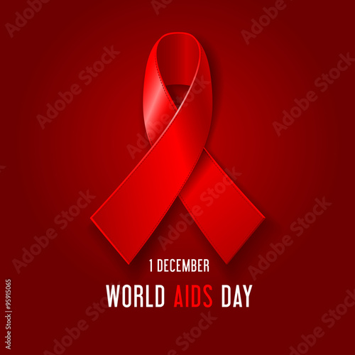 World AIDS Day concept poster with red ribbon of AIDS awareness (symbol for solidarity with HIV-positive people) and text on dark red background. 
