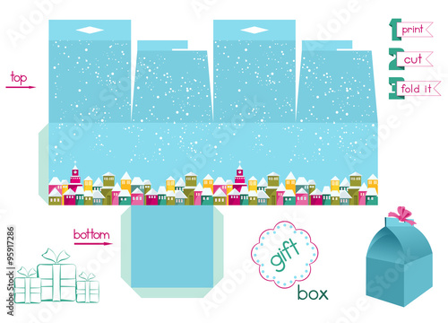 Printable Gift Box With Colorful Town Under Snowfall