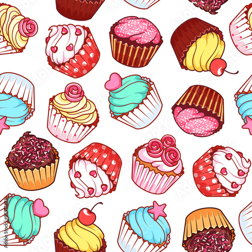 Seamless pattern with different cupcakes on a white background.