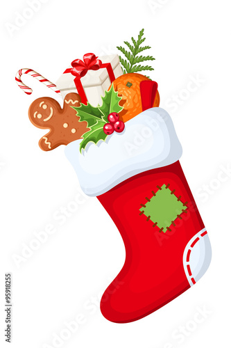 Vector red Christmas sock with gifts isolated on a white background.