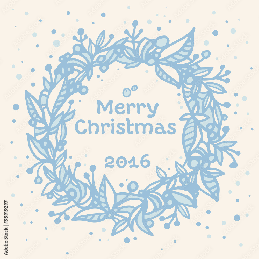 Christmas card with blue hand-drawn wreath