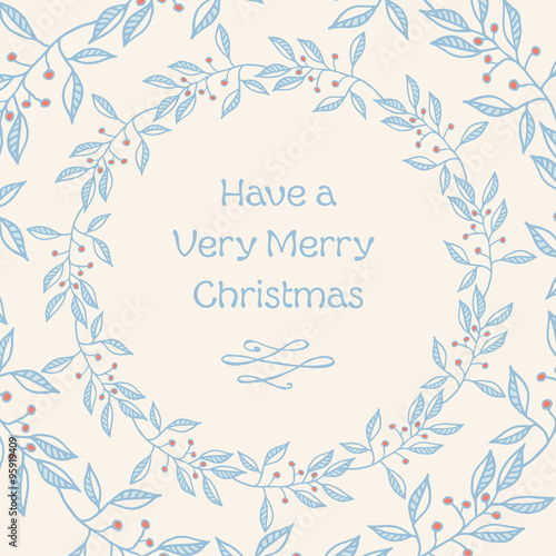Christmas card with blue hand-drawn wreath