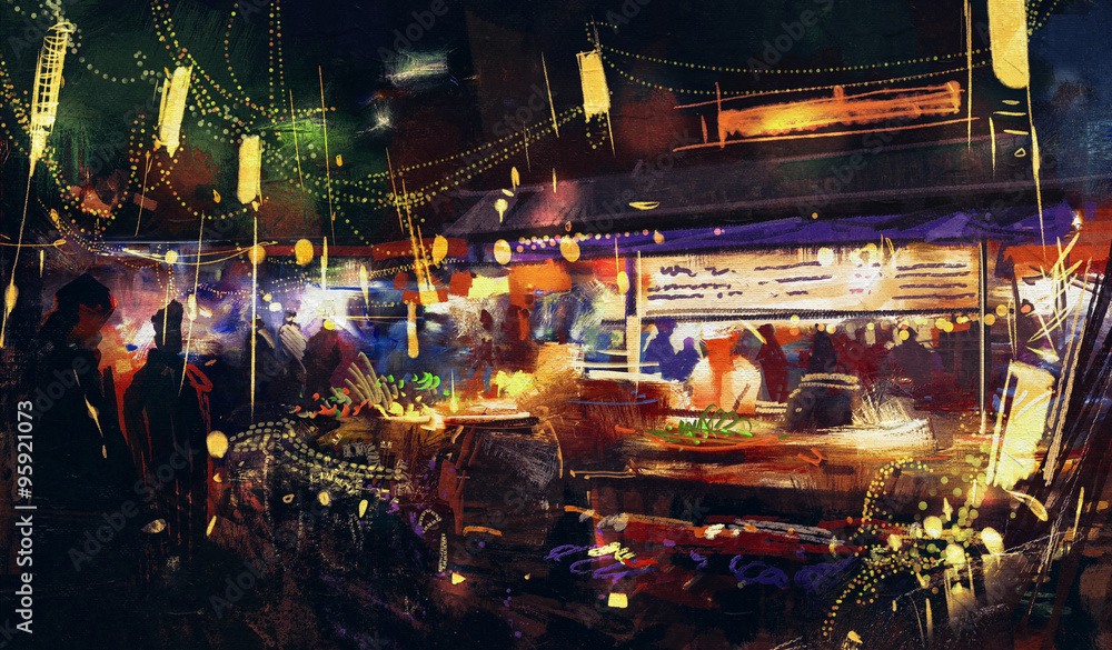 Fototapeta premium painting showing colorful market at night ,movement on people walking
