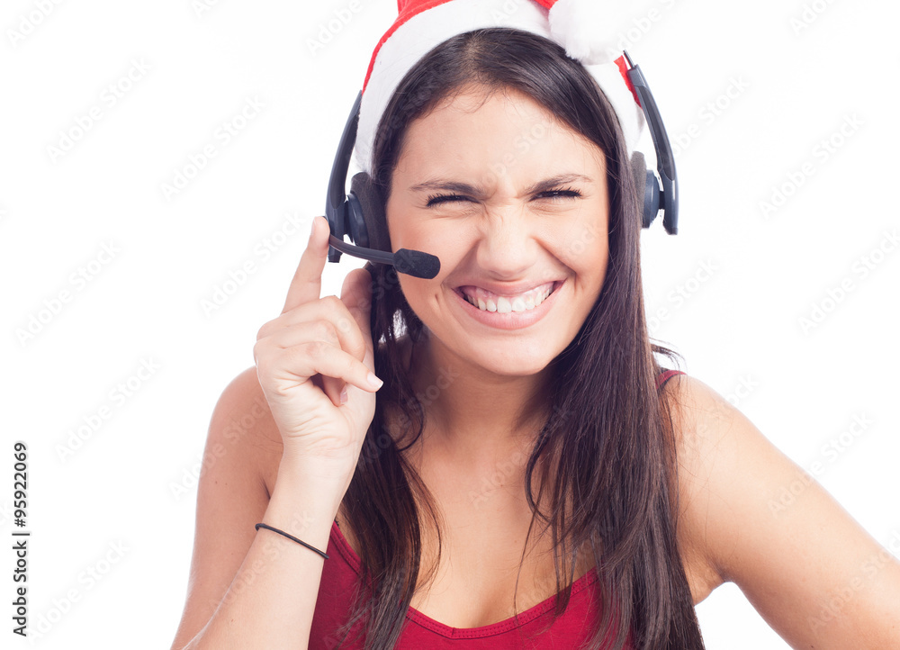 Fototapeta premium Pretty phone operator in Santa hat isolated over white