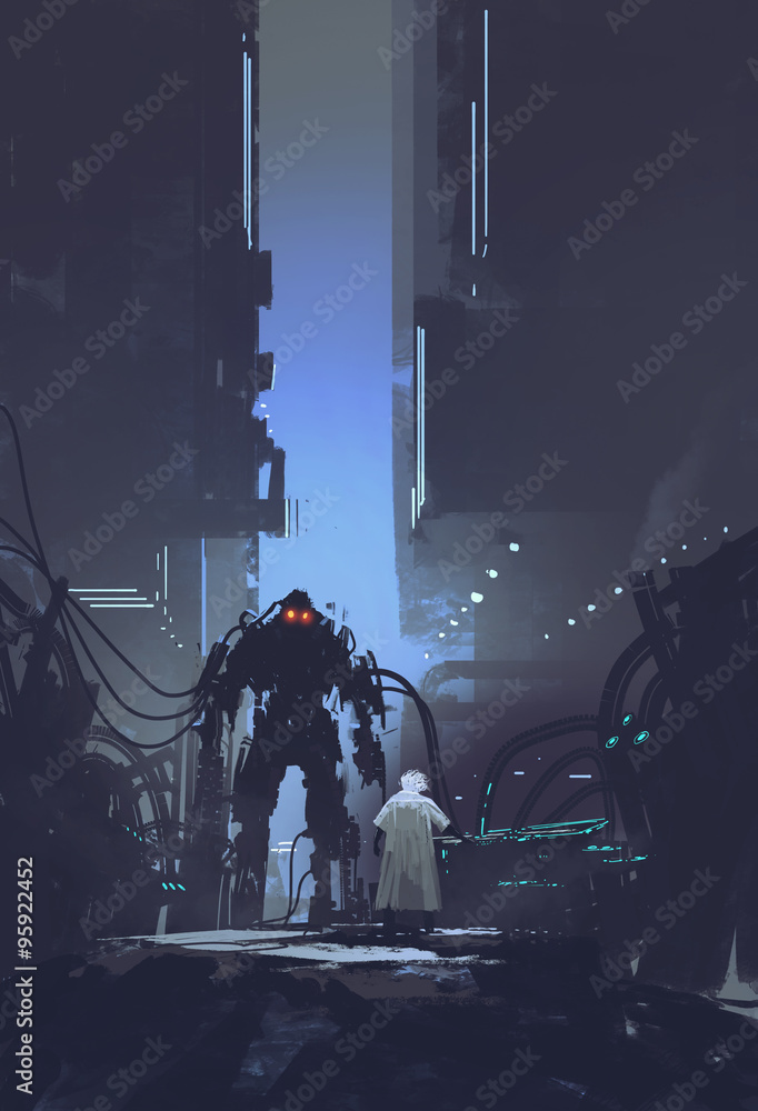 Naklejka premium scientist build robot in old factory background,illustration painting