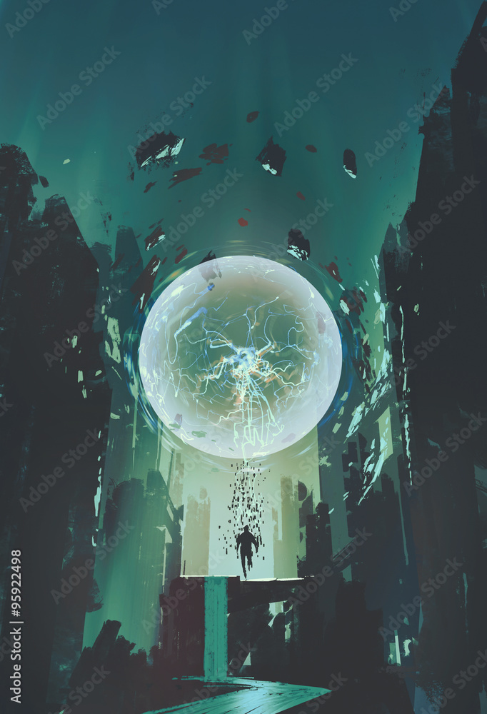 Fototapeta premium lightning ball and geometry in the form of human with building background,illustration painting