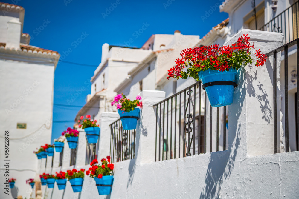 Street with flowers in the Mijas town, Spain