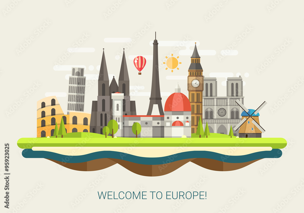 Illustration of flat design composition with famous european wor