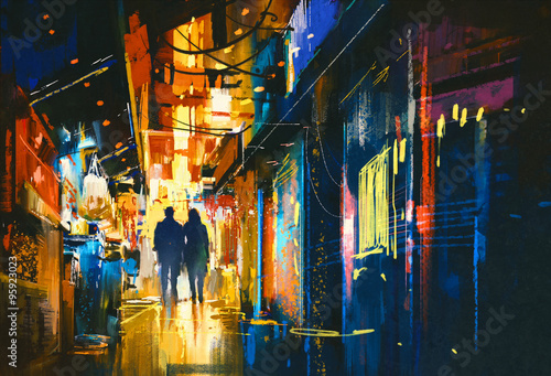 couple walking in alley with colorful lights,digital painting