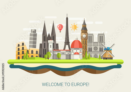 Illustration of flat design composition with famous european wor