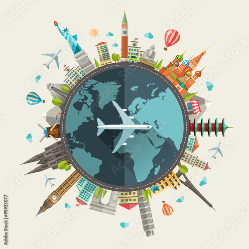 Illustration of flat design travel composition with famous world #95923077