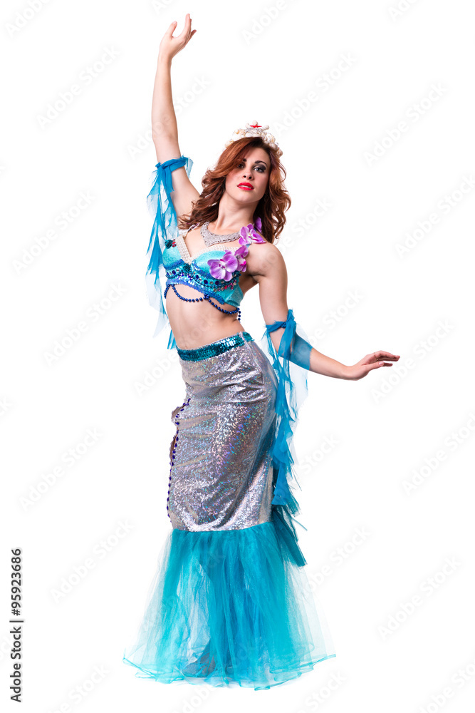 Carnival dancer woman dressed as a mermaid posing, isolated on white Carnival dancer woman dressed as a mermaid posing, isolated on white
