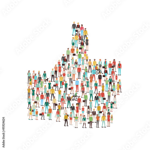 Crowd of people gathering in a thumbs up shape