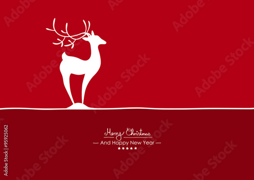 Rote horizontale Vektor Grußkarte für Weihnachten und Neujahr- Merry Christmas - Happy New Year - Jahreswechsel. Weihnachtskarte mit Symbol und Silhouette. Abstrakt, Rehkitz, Reh, modern, Geweih, XMas