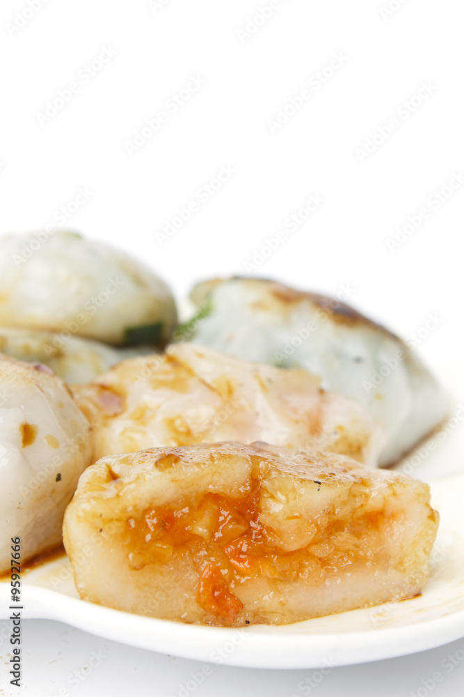 steamed chives dumplings isolated on white background (can stuffed with garlic chives or taro or yam bean mixed with small shrimp) steamed chives dumplings isolated on white background (can stuffed with garlic chives or taro or yam bean mixed with small shrimp)