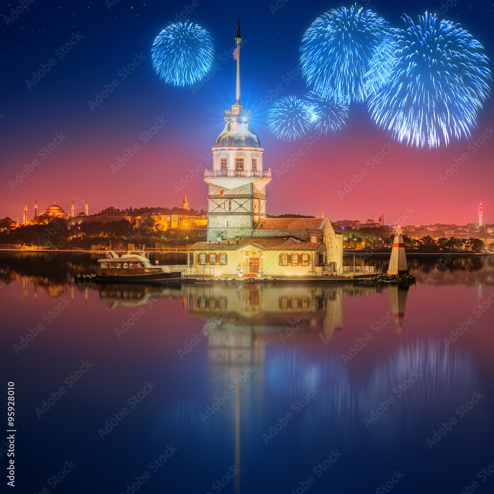 Beautiful fireworks and cityscape of Istanbul
