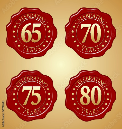 Vector Set of Anniversary Red Wax Seal  65th, 70th, 75th, 80th