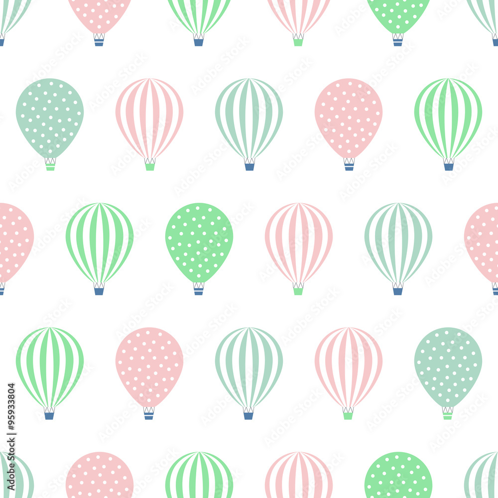 Hot air balloon seamless pattern. Baby shower vector illustrations isolated on white background. Polka dots and stripes. Pastel colors hot air balloons design.