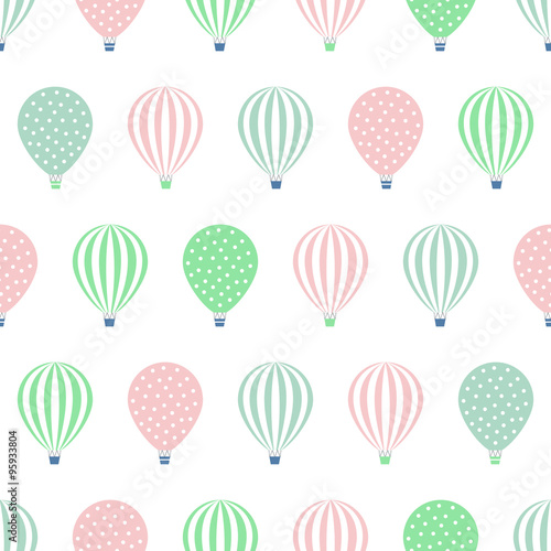 Hot air balloon seamless pattern. Baby shower vector illustrations isolated on white background. Polka dots and stripes. Pastel colors hot air balloons design.