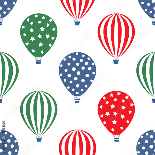 Hot air balloon seamless pattern. Bright colors hot air balloons design. Baby shower vector illustrations isolated on white background. Polka dots and stripes. Child drawing style.