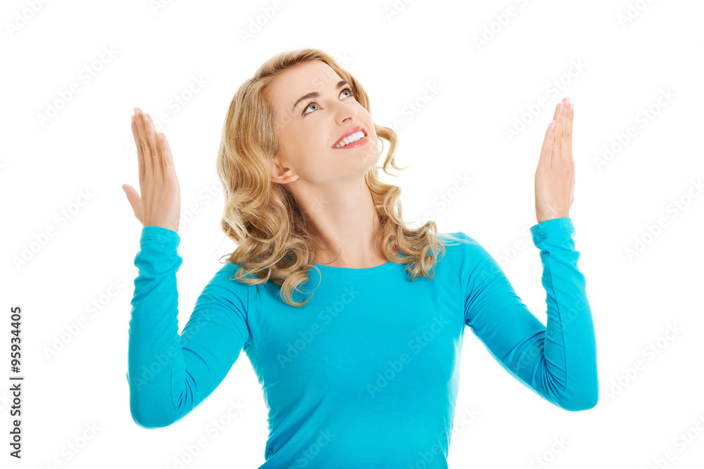 Woman pointing on copy space. Woman pointing on copy space.