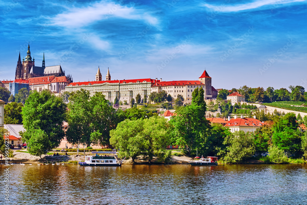 View of Prague Castle from waterfront- famous historic bridge th