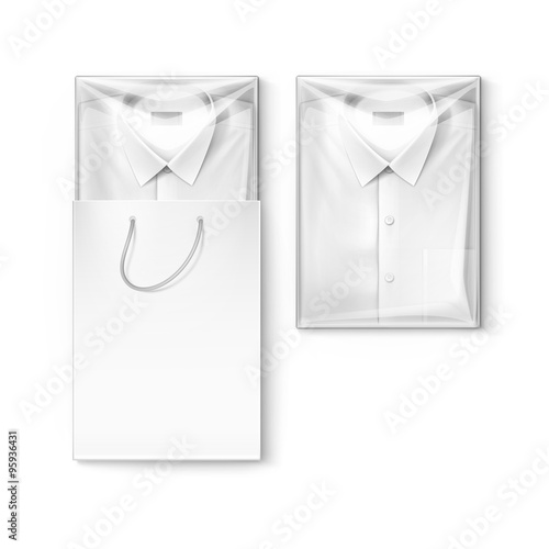 White classic men shirt with label in the packaging box and shopping bag