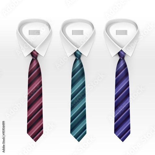 Set of Tied Striped Colored Silk Ties and Bow Ties Collection Vector Realistic Illustration Isolated on White Background
