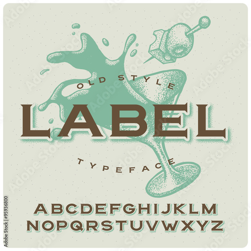Old style vermouth label typeface with graphic glass illustration on background made in pointillism technique. Brown on light background.