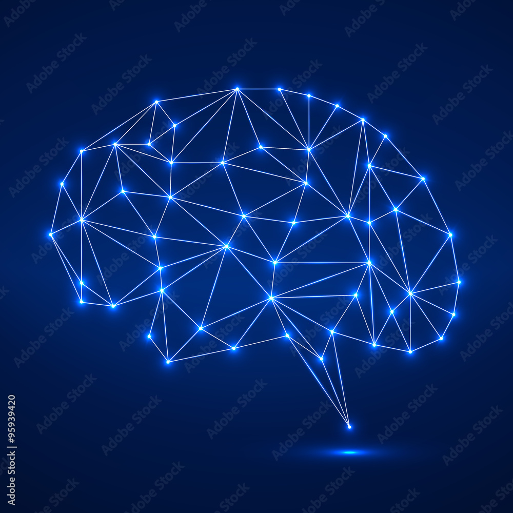 Abstract polygonal brain with glowing dots and lines, network connections Abstract polygonal brain with glowing dots and lines, network connections