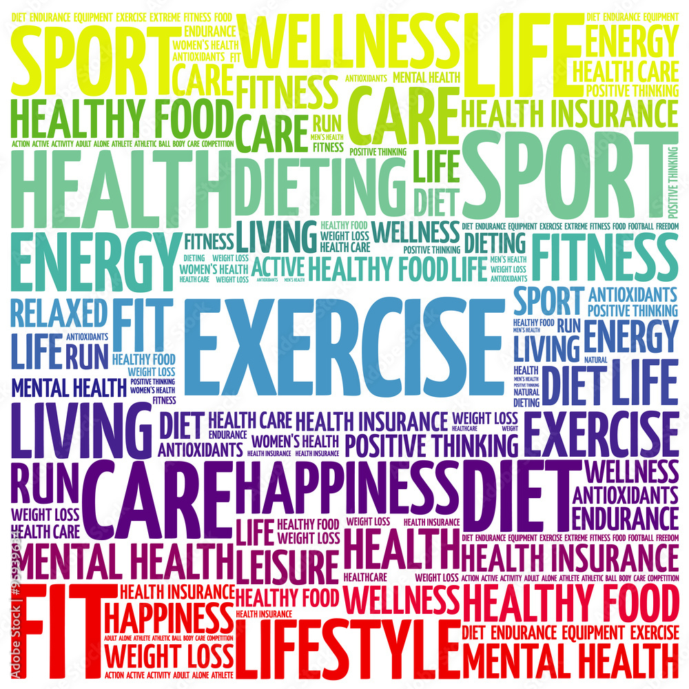 EXERCISE word cloud background, health concept EXERCISE word cloud background, health concept