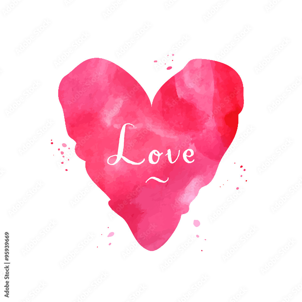 Watercolor red pink heart vintage vector illustration with handwritten text and splashes