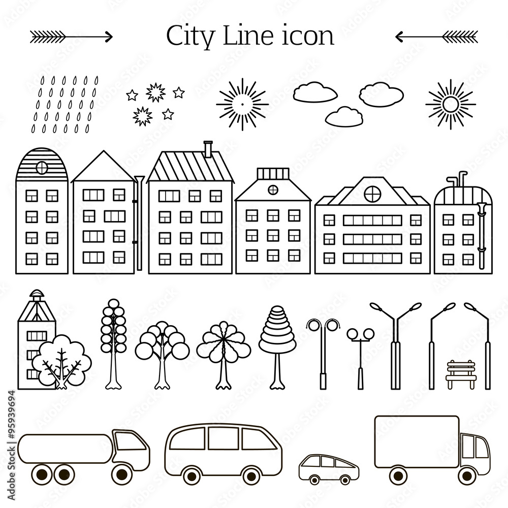 a set of black-and-white line of icons on the theme of the city - houses, cars, trees and other