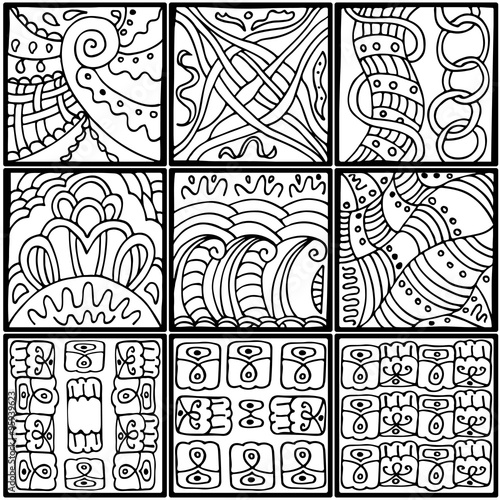  black and white pattern in the style of zentangle, consists of nine squares with different ornaments, handmade