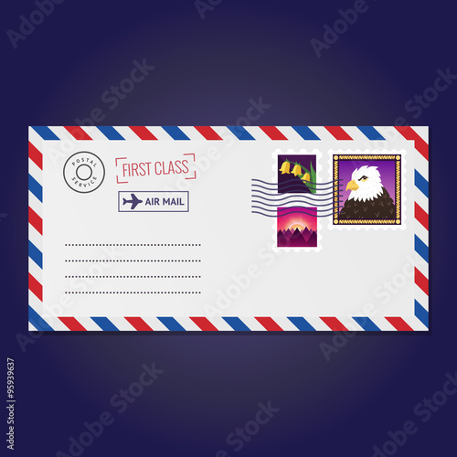 Envelope with stamps (bell flower, mountain sunset and eagle) vector