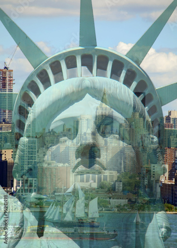 double exposure new york city cityscape skyline with statue of l