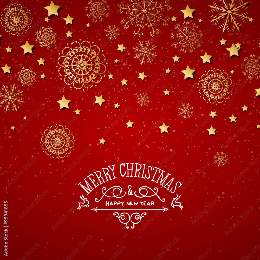 Fototapeta premium Vector Illustration of a Decorative Christmas Background with Golden Snowflakes and Stars