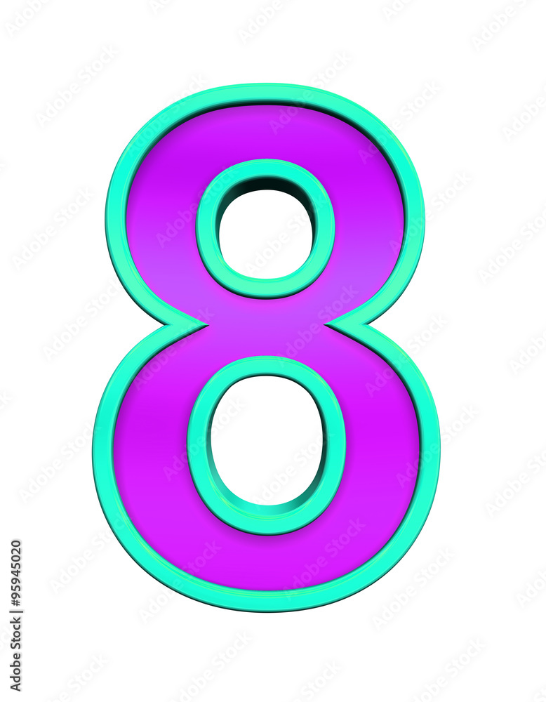 One digit from purple glass with blue frame alphabet set, isolated on white. Computer generated 3D photo rendering. One digit from purple glass with blue frame alphabet set, isolated on white. Computer generated 3D photo rendering.