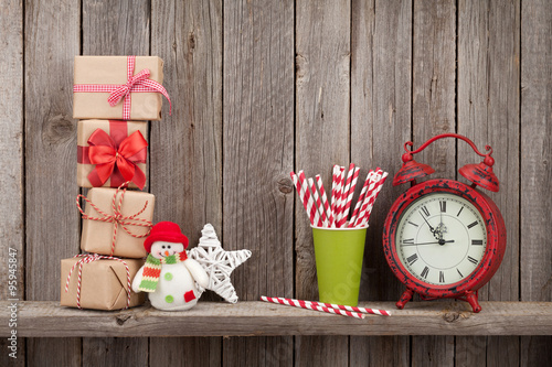 Christmas gift boxes, decor and alarm clock