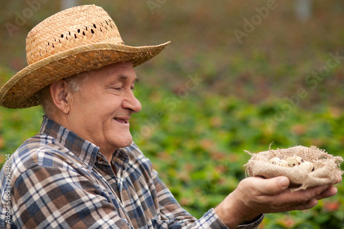 Cheerful old male worker with organic product